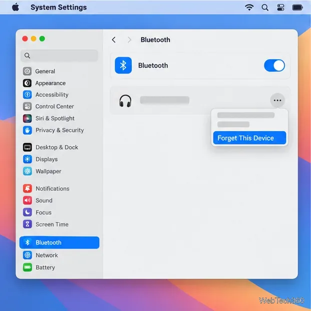 Le panneau des paramètres Bluetooth avec un menu d'options d'accessoires ouvert sur « Oublier cet appareil ».