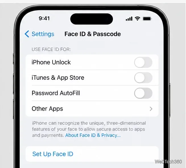 Face ID & Passcode settings showing Set Up Face ID after a reset