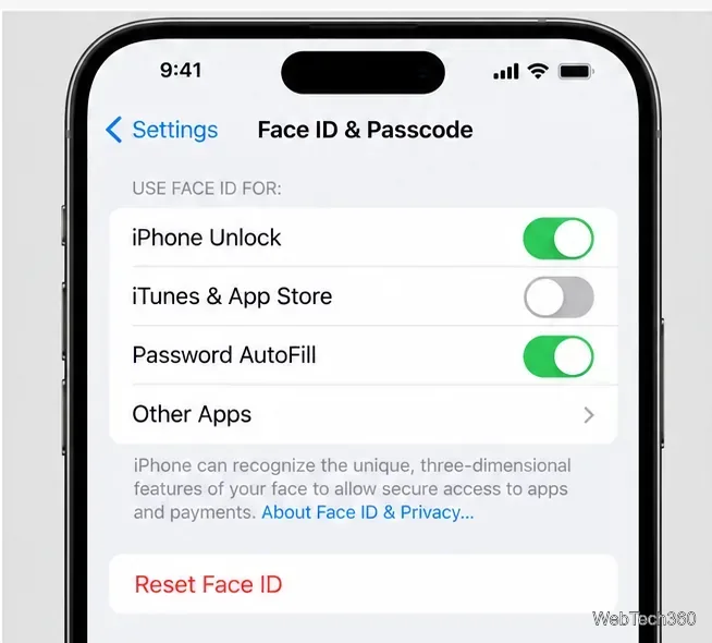 Face ID & Passcode settings with the Reset Face ID button