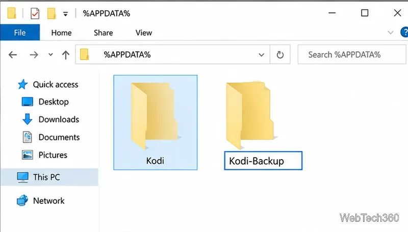 Windowsのエクスプローラーで、KodiフォルダとKodi-Backupフォルダが別々に表示されている。