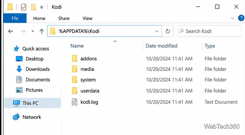 WindowsのエクスプローラーでKodiアプリケーションのデータフォルダを開き、アドオンフォルダとユーザーデータフォルダを表示します。