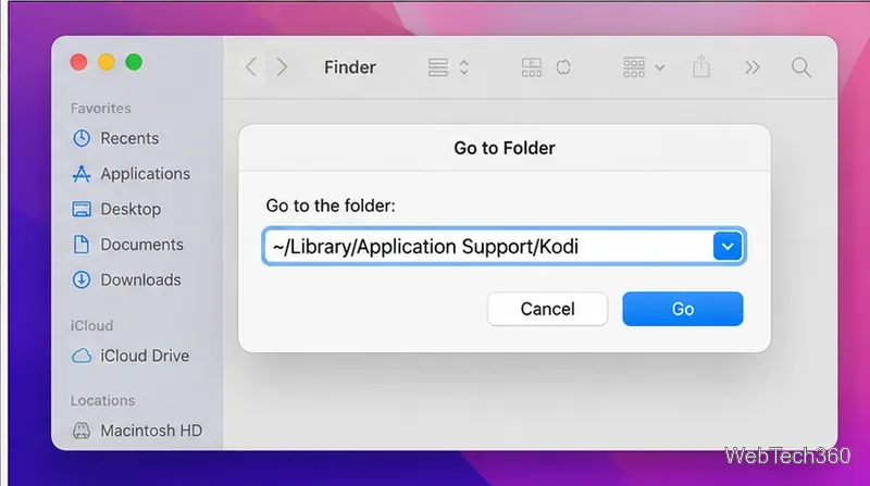 macOS Finderの「フォルダへ移動」ダイアログに、Kodiアプリケーションサポートパスが表示されます。