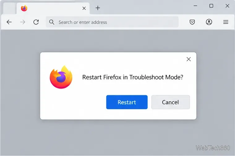 В режиме устранения неполадок Firefox предлагает перезапустить браузер, предлагая нажать кнопки «Перезапустить» и «Отмена».