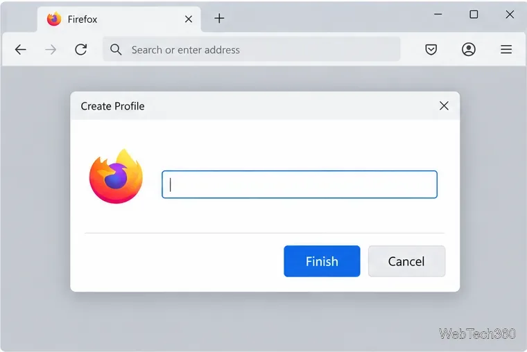 В Firefox открывается окно «Создать профиль» с пустым полем для имени и кнопками «Завершить» и «Отмена».