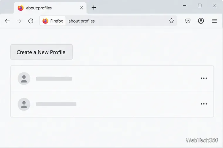 Страница Firefox about:profiles с кнопкой «Создать новый профиль» и двумя записями профиля.
