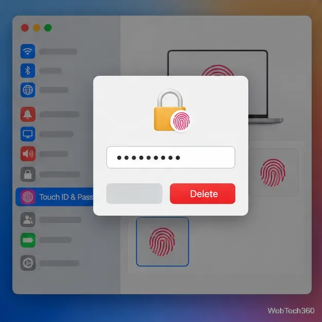 Un riquadro con l'impronta digitale, selezionato dietro una richiesta di password con un pulsante Elimina.
