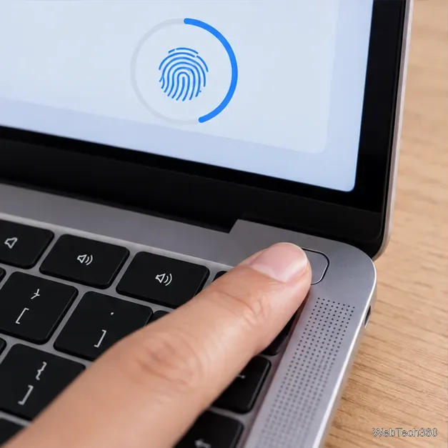 Un polpastrello appoggiato sul sensore Touch ID del MacBook mentre sullo schermo compare un indicatore di registrazione.