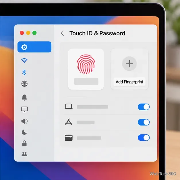 Il pannello delle impostazioni di Touch ID mostra un riquadro con l'impronta digitale registrata e gli interruttori per l'utilizzo di Touch ID.