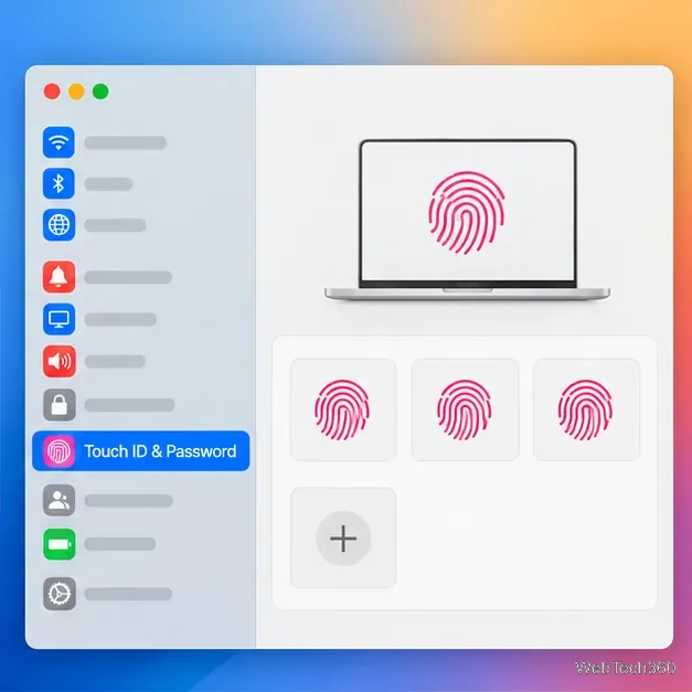 Il pannello Touch ID e password selezionato nelle Impostazioni di sistema, con le tessere delle impronte digitali salvate visibili.