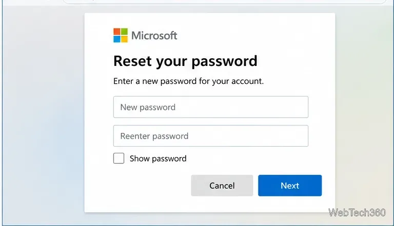 Microsoft password reset screen with fields for entering and confirming a new account password