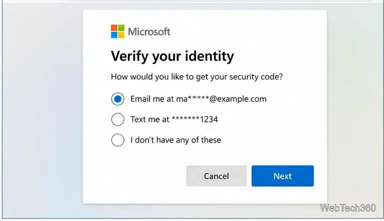 Microsoft identity verification screen offering email, text message, and other recovery options