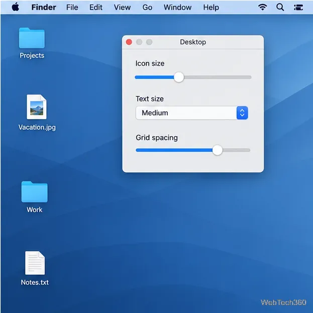 Options d'affichage du bureau Mac avec l'espacement de la grille décalé vers la droite pour laisser plus d'espace entre les icônes