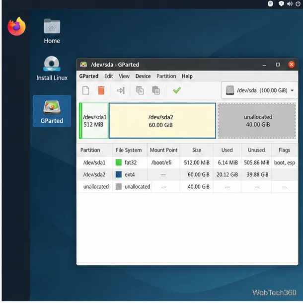 In the live session, the installed root partition has no mount point.