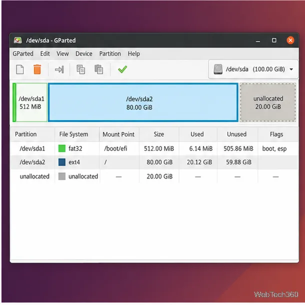 The map shows an 80 GiB partition and 20 GiB free; root edits use a live session.