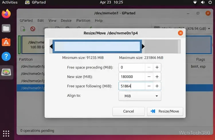 GPartedのサイズ変更移動ダイアログには、ホームパーティションの後に続く、より小さい新しいサイズと空き領域が表示されています。