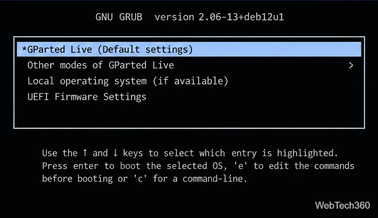 GParted Liveのブートメニュー(GParted Liveのデフォルト設定を選択)