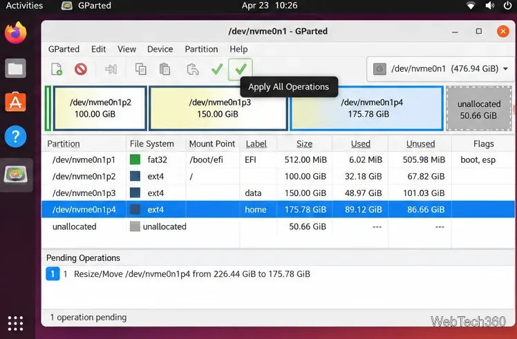 GPartedでホームパーティションのサイズ変更が保留中であることと、「すべての操作を適用」ボタンが表示されている。