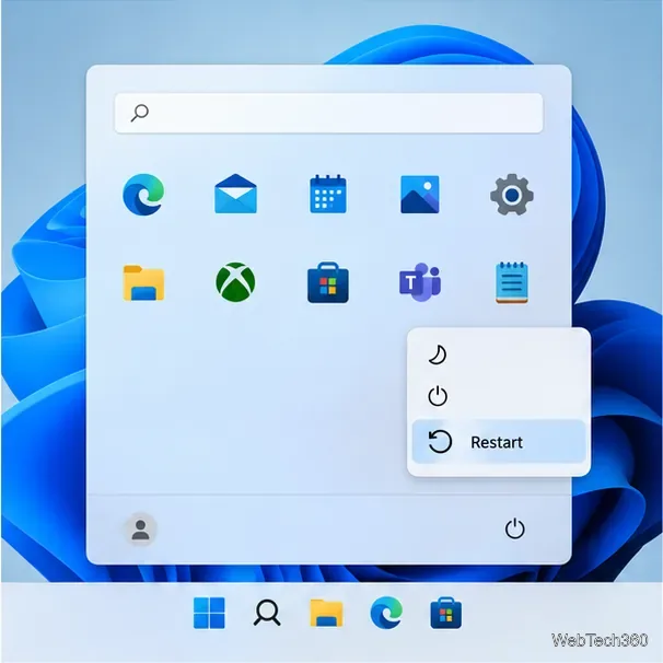 Menu Iniciar do Windows 11 com o menu Energia aberto e a opção Reiniciar selecionada.