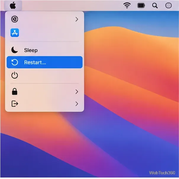 Menu Apple do macOS aberto com o comando Reiniciar selecionado