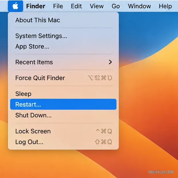 Le menu Apple sur macOS avec l'option Redémarrer sélectionnée.