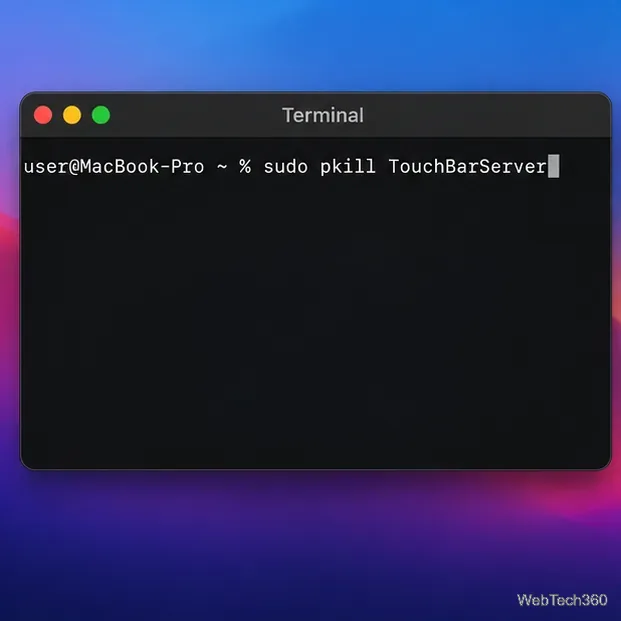 Une fenêtre de terminal affichant la commande sudo pkill TouchBarServer.