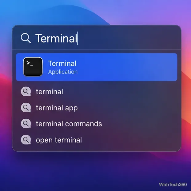 Recherche Spotlight sur macOS avec Terminal sélectionné comme application à ouvrir.