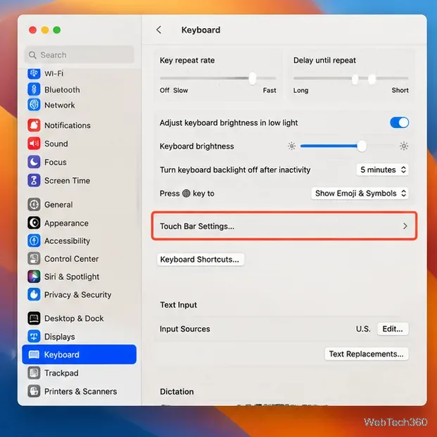 Le panneau Clavier dans les réglages système de macOS, avec les réglages de la Touch Bar mis en évidence.