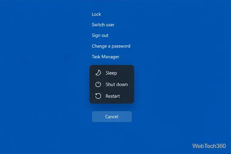 Écran des options de sécurité Windows avec le menu Alimentation ouvert et l'option Redémarrer affichée.