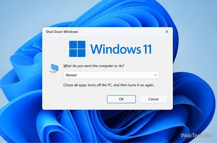Boîte de dialogue « Arrêter Windows » de Windows 11 avec l’option « Redémarrer » sélectionnée dans la liste des actions.