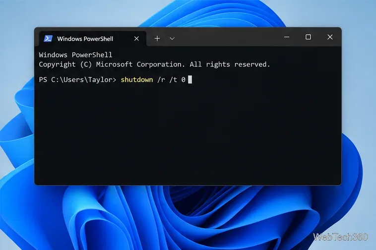Invite de commandes Windows PowerShell avec la commande shutdown /r /t 0 saisie et prête à être exécutée.