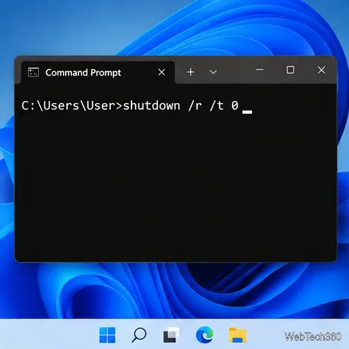 Janela do Terminal do Windows 11 exibindo o comando `shutdown slash r slash t zero` para reinicialização imediata.