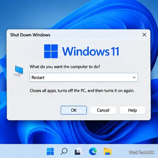 Diálogo "Desligar o Windows" no Windows 11 com a opção "Reiniciar" selecionada no menu suspenso.