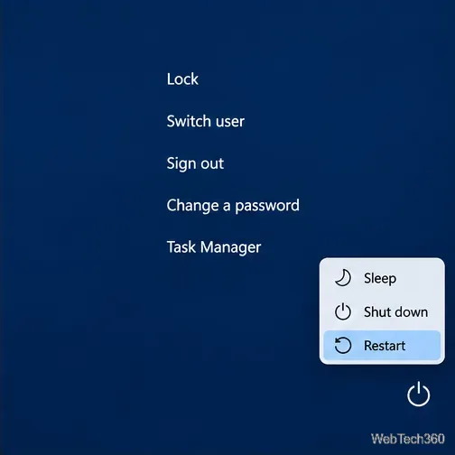 Tela de segurança do Windows 11 (Ctrl+Alt+Del) com o menu de energia aberto e a opção Reiniciar selecionada.