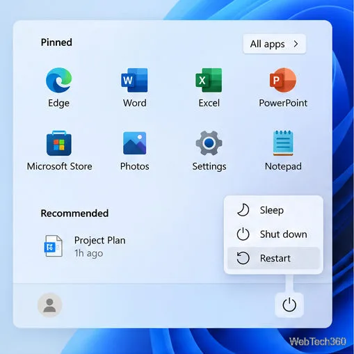 O menu Iniciar do Windows 11 está aberto com a opção Reiniciar selecionada.