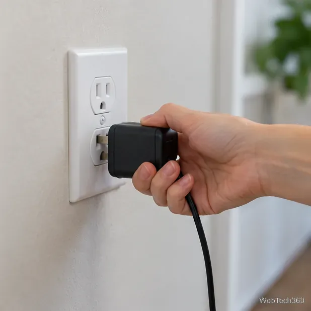 一手將路由器電源轉接器從牆壁插座上拔了下來。