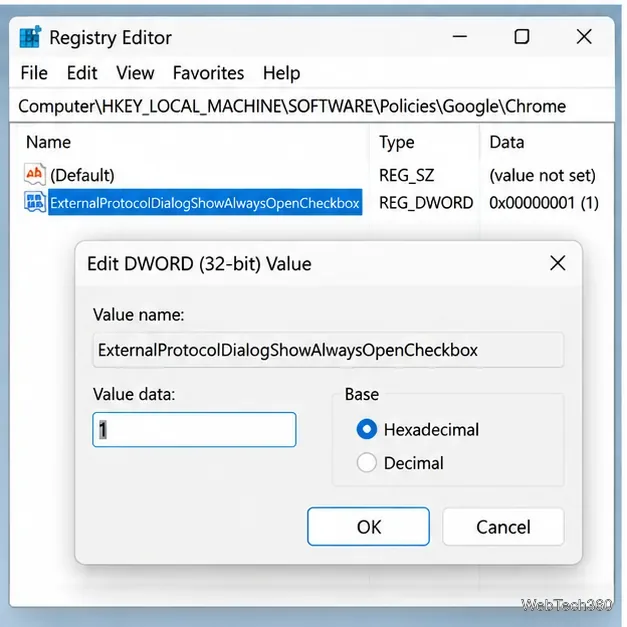 Modifica l'impostazione della finestra di dialogo DWORD ExternalProtocolDialogShowAlwaysOpenCheckbox con il valore 1