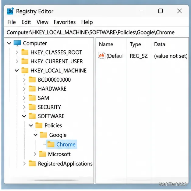 L'editor del Registro di sistema mostra la chiave dei criteri di Google Chrome in HKEY_LOCAL_MACHINE