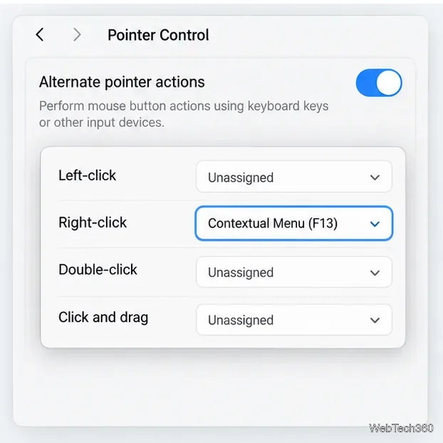 As configurações de ações alternativas do ponteiro no macOS mostram uma tecla do teclado atribuída à ação de clique com o botão direito do mouse.