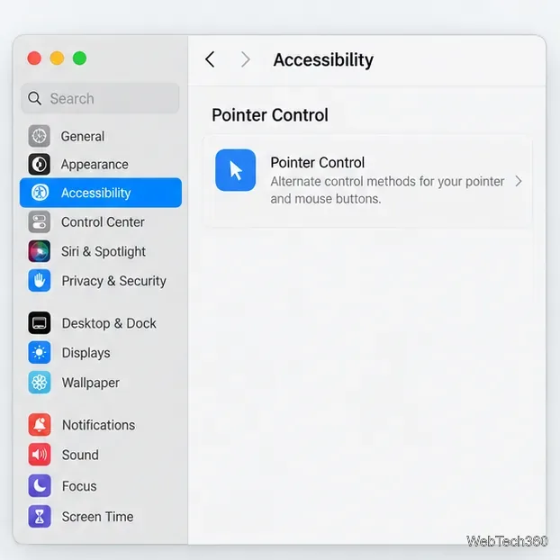 As configurações do sistema do macOS mostram a opção Acessibilidade selecionada e a entrada de configurações de Controle do Ponteiro.