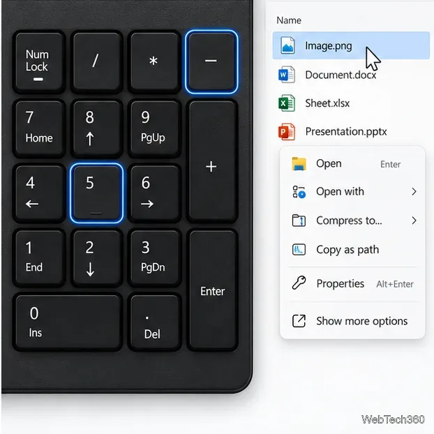 Um teclado numérico destaca o sinal de menos para selecionar o botão direito do mouse e o número 5 para abrir o menu de contexto do arquivo selecionado.