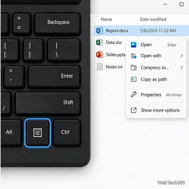 A tecla Menu do teclado Windows, localizada entre as teclas Alt e Ctrl da direita, é destacada ao lado de um menu de contexto aberto.