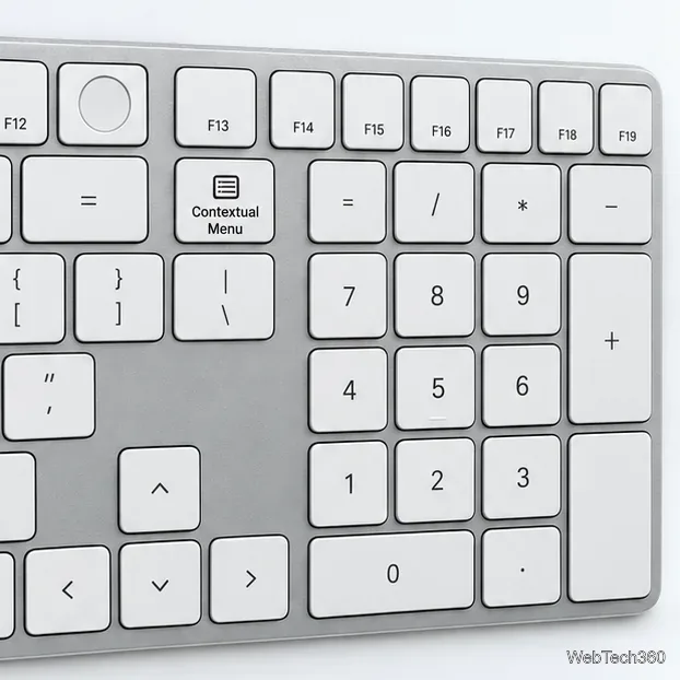 Um teclado Magic Keyboard com teclado numérico exibe a tecla Menu Contextual diretamente abaixo de F13.