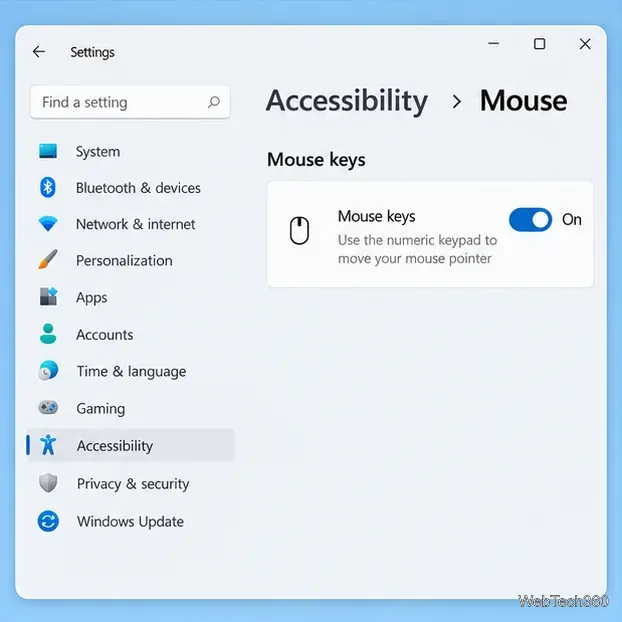 As Configurações do Windows 11 estão abertas em Acessibilidade e Mouse, com a opção Teclas do mouse ativada.