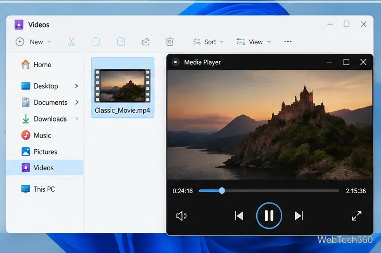 Windows File Explorer showing Classic_Movie.mp4 beside Media Player playing a video