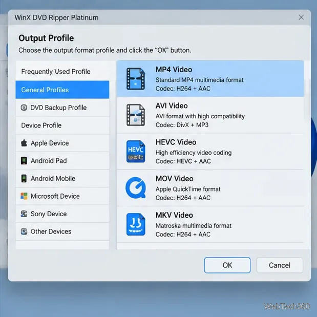 WinX DVD Ripper Output Profile dialog with MP4 Video selected under General Profiles