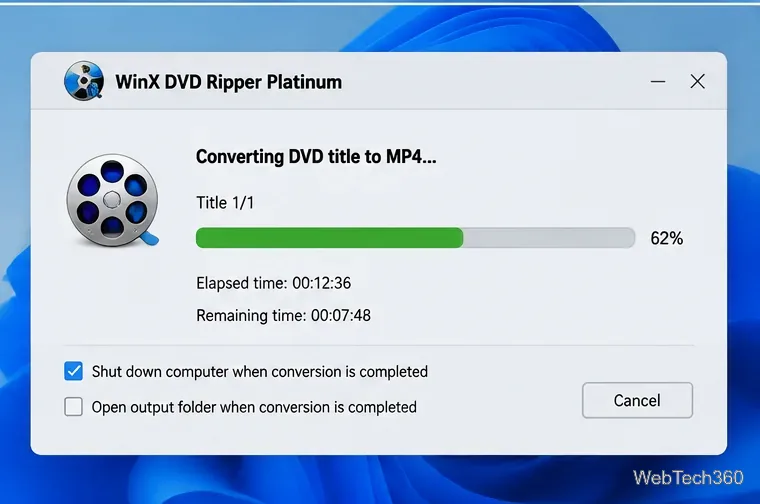 WinX DVD Ripper conversion progress dialog with a progress bar and elapsed time