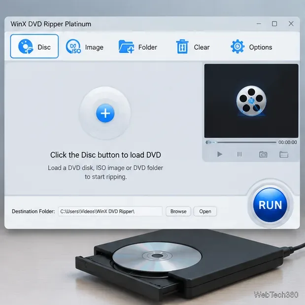 WinX DVD Ripper Platinum main window with Disc, Image, Folder and destination controls