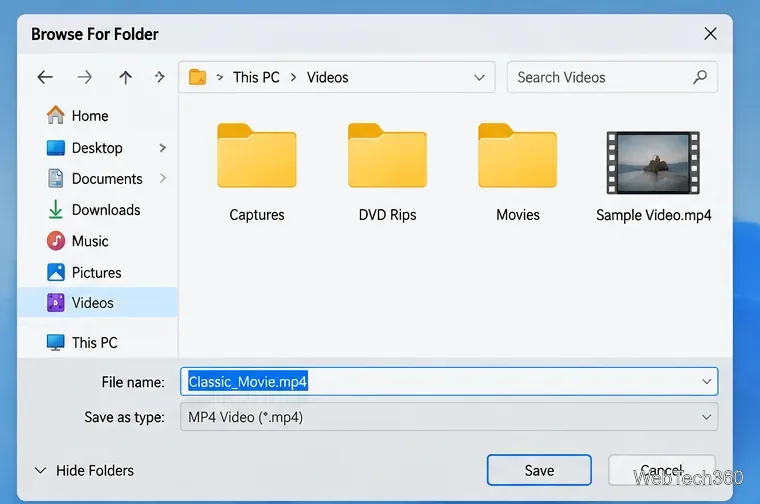 Windows Browse for Folder dialog showing the Videos folder and a sample MP4 filename