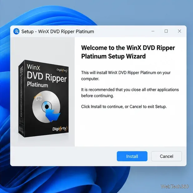 WinX DVD Ripper Platinum setup wizard showing the Install button