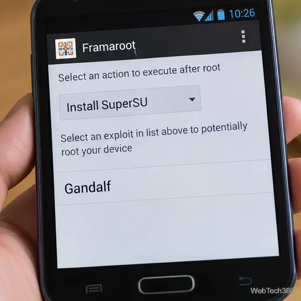 Capture d'écran de l'ancienne application Framaroot affichant un menu déroulant « Installer SuperSU » et une entrée d'exploit Gandalf